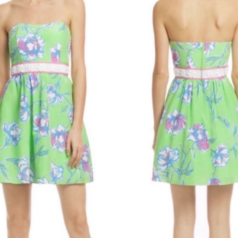 LILLY PULITZER WOMEN’S LANGLEY DRESS  LIME GREEN FLORAL SILK STRAPLESS SZ 8